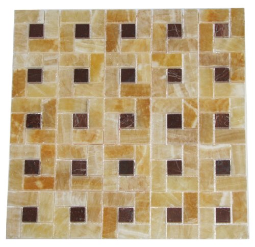Honey Onyx Pinwheel 1x2 Mosaics with Red Onyx Insert 1x1 Polished Meshed on 12x12 Tiles for Backsplash, Shower Walls, Bathroom Floors - FREE SHIPPING
