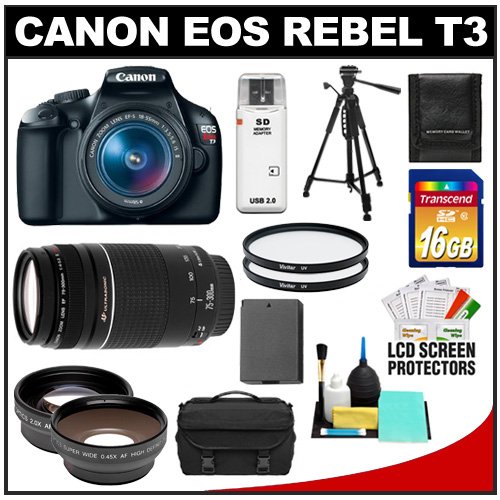 Canon EOS Rebel T3 Digital SLR Camera Body & EF-S 18-55mm IS II Lens with 75-300mm III Lens + 16GB Card + .45x Wide Angle & 2x Telephoto Lenses + Battery + (2) Filters + Tripod + Accessory Kit