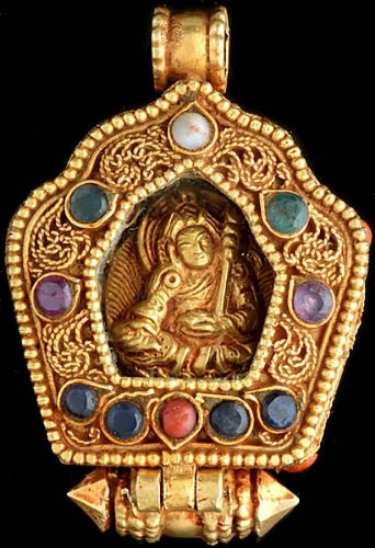 Guru Padmasambhava Gemstone Gau Box Gold Plated Pendant (Coral, Turquoise, Emerald, Black Tourmaline
