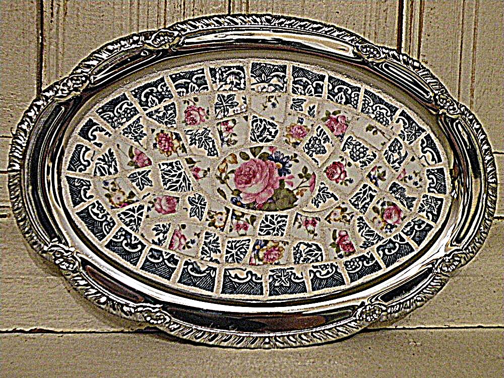 Floral mosaic silver serving tray