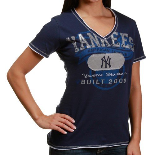 Majestic New York Yankees Ladies Navy Blue Nice Hit Fashion V-neck Premium T-shirt (Large)