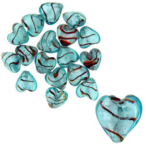 Blue 12x12mm Red Striped Heart Silver Foil Murano Glass Bracelet Loose Beads