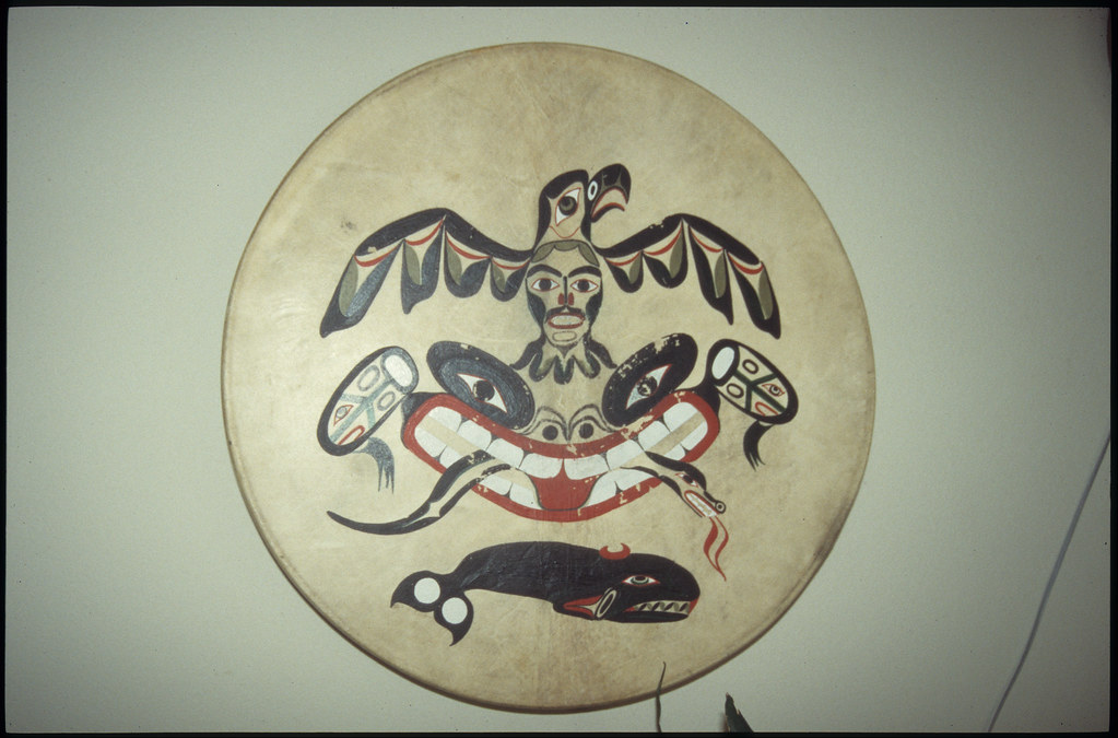 Drum With Bird and Whale Design by Micah McCarty, Neah Bay