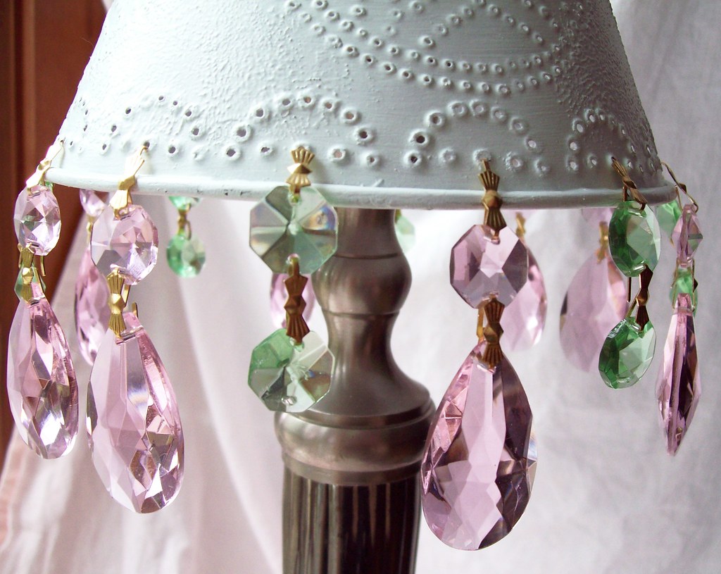 punched tin lamp shade pink and green chandelier crystals