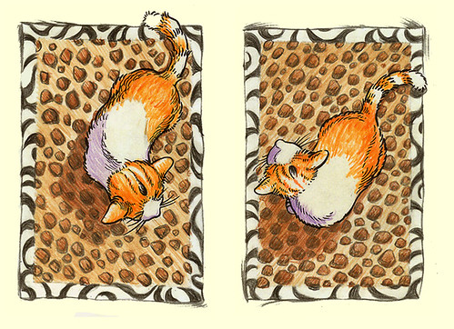 orange cat on a leopard print rug