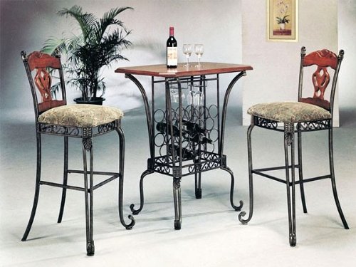 3 Piece Bar Table Set with Wine Rack Base - Bar Table and 2 Bar Chairs