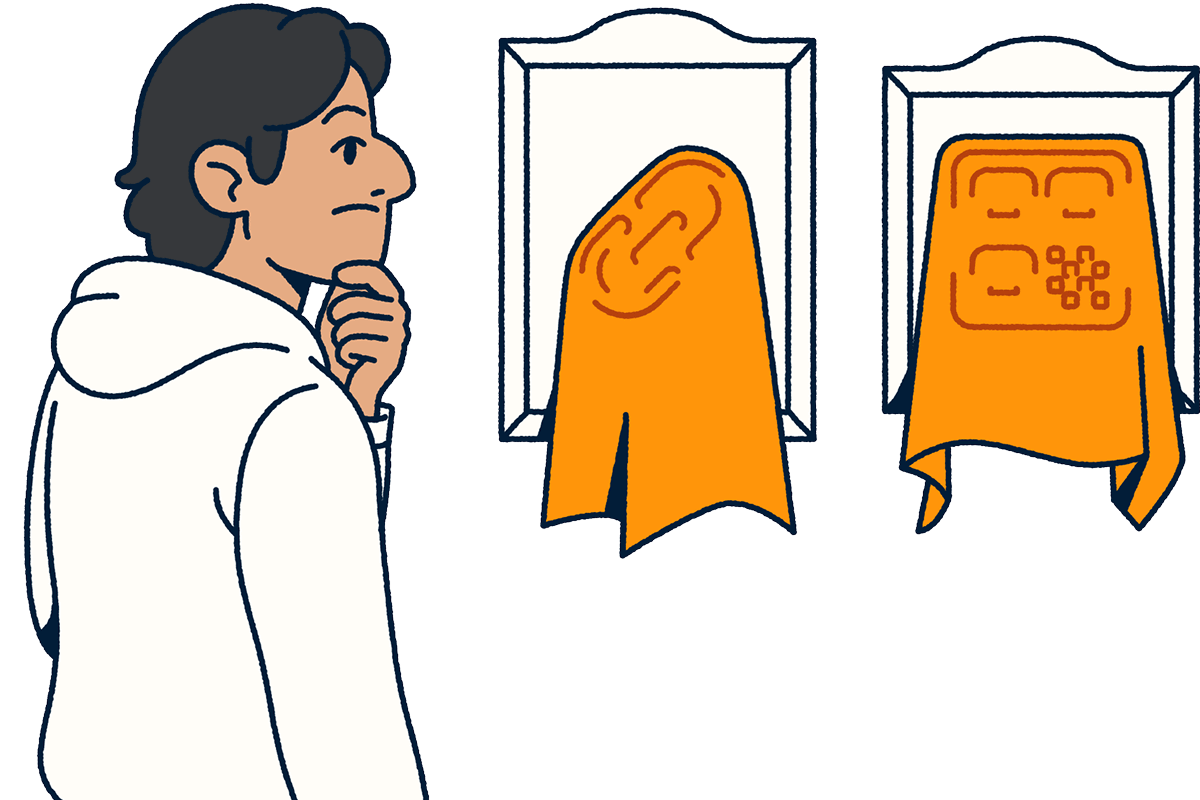 Illustration of a person looking at a link and a QR Code hidden under cloths