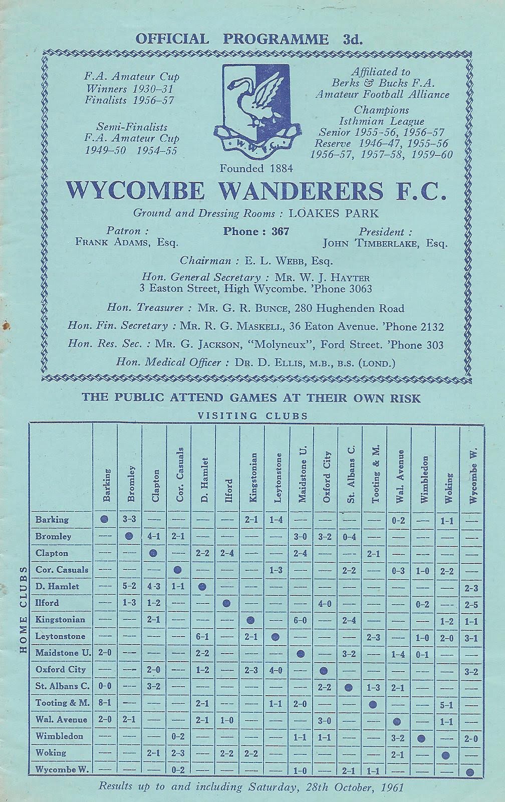 1961/62 Wycombe Ashford Programme