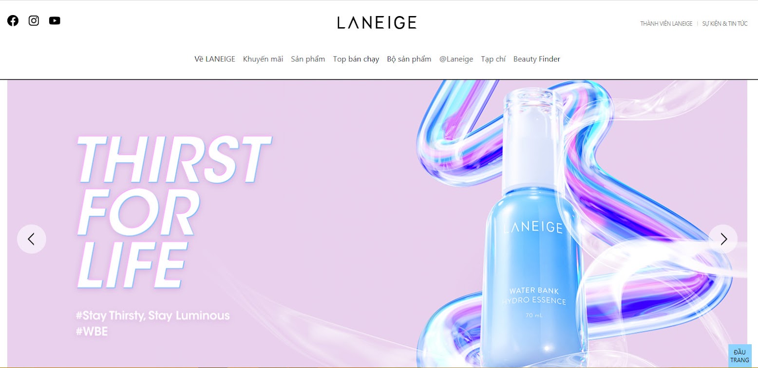 Ảnh website của thương hiệu Laneige tại Việt Nam