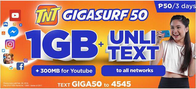 TNT GIGASURF50: 1GB + Unlimited text to All-Net - 3 Days