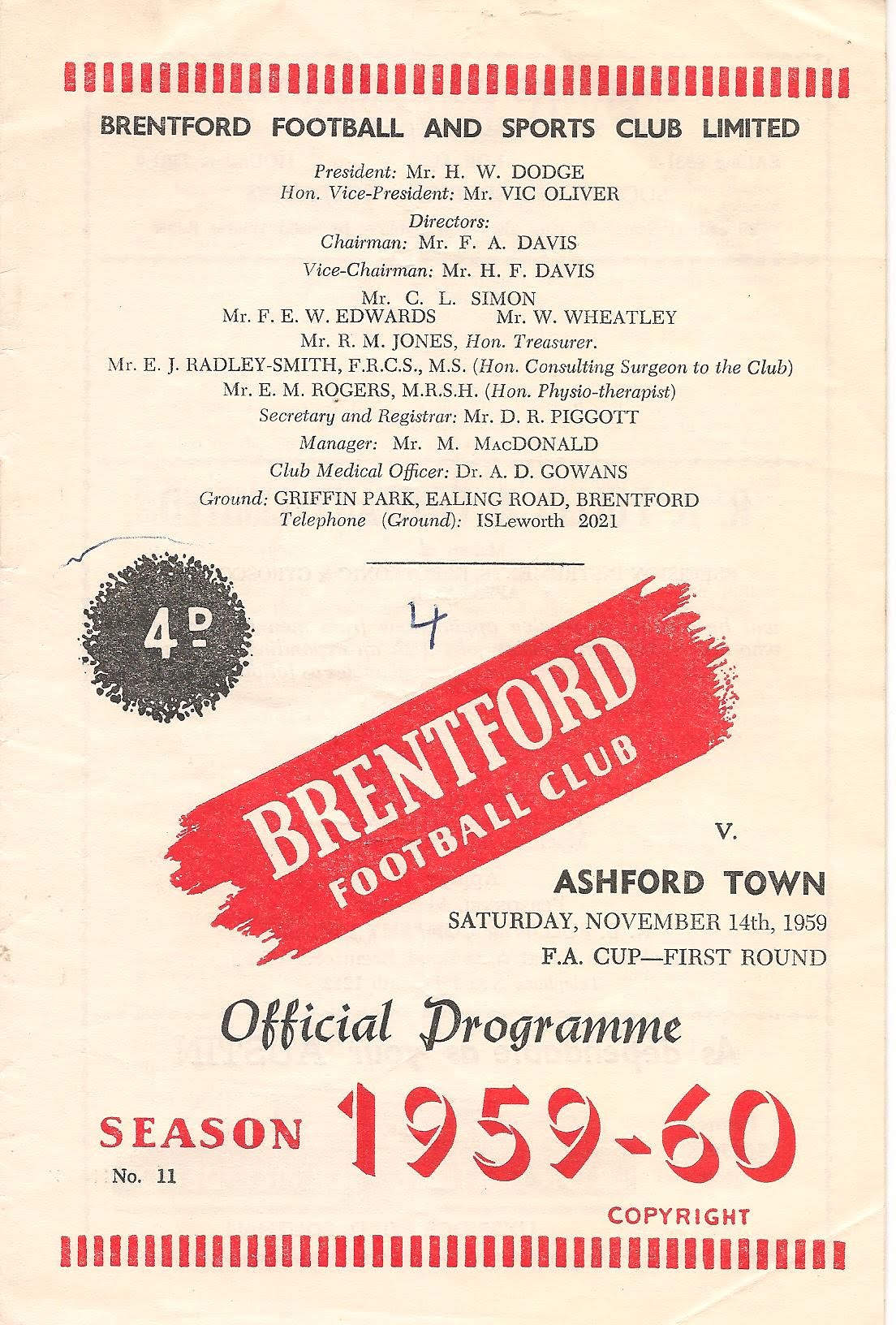 1959/60 Brentford v Ashford Programme