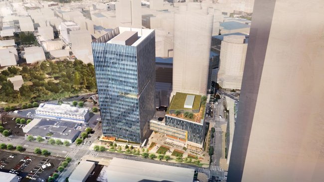 A rendering of Amazon's new headquaters in Seattle. Half of the six-storey building on the right is planned to house the shelter. 