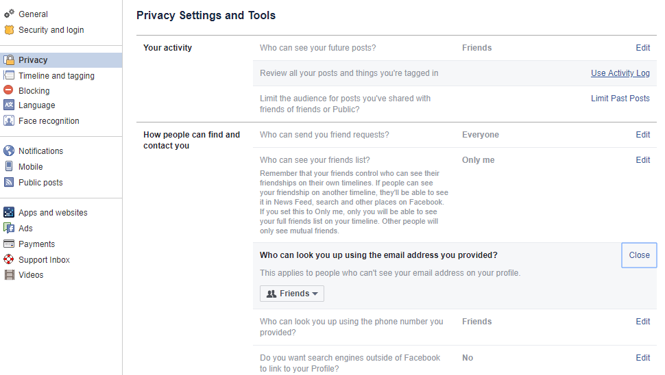 Facebook Privacy Tab Settings