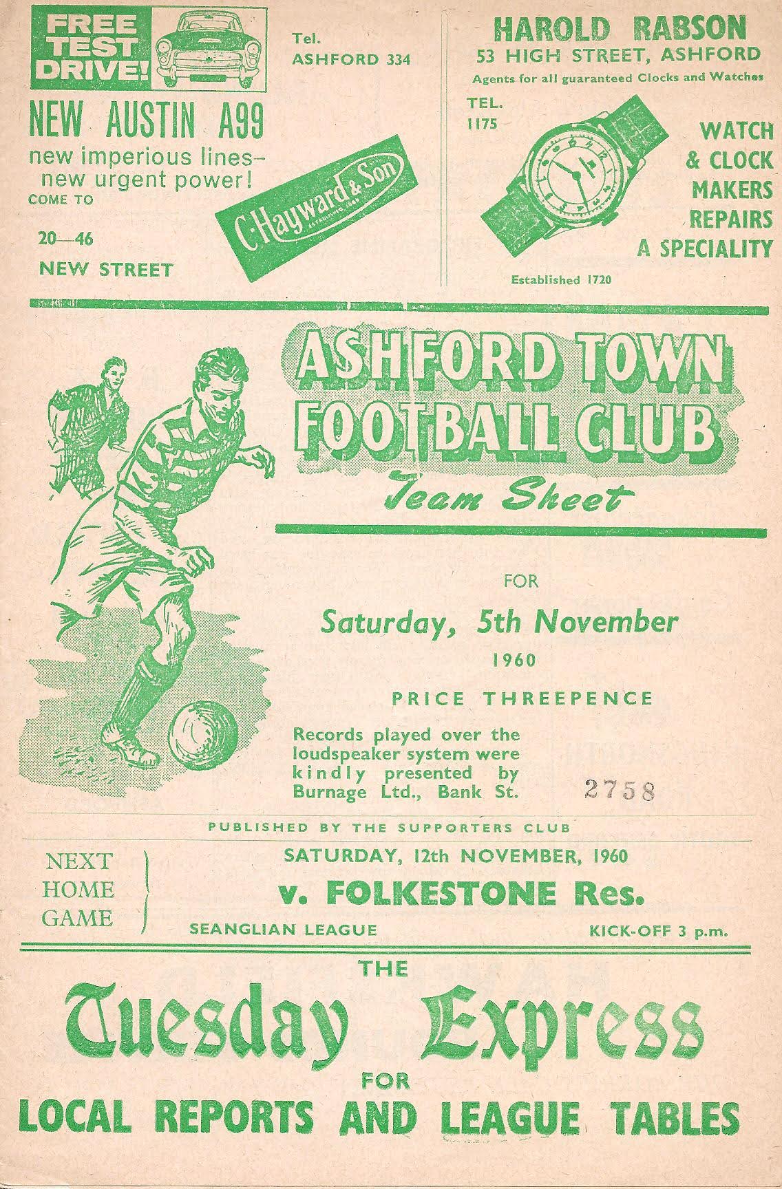 1960/61 Ashford v Gillingham Programme