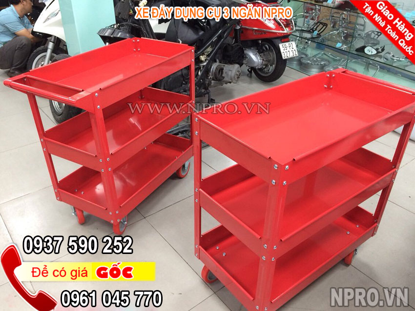 02 mẫu xe đẩy, kệ đựng dụng cụ 3 ngăn 1 ngăn kéo khóa cho tiệm sửa xe, nhà xưởng 374vlxT