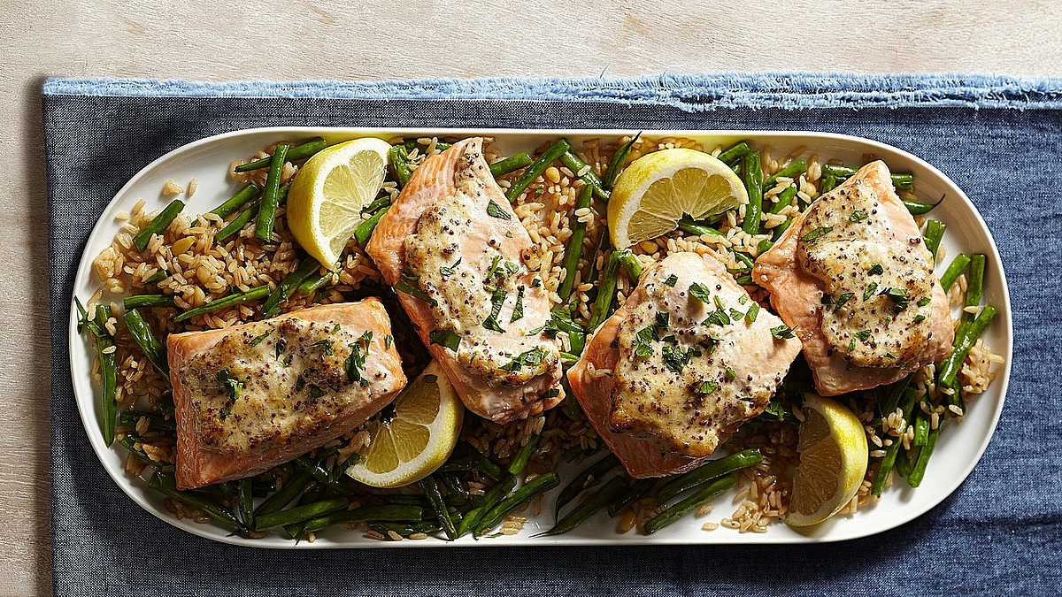 Dijon salmon with green bean pilaf