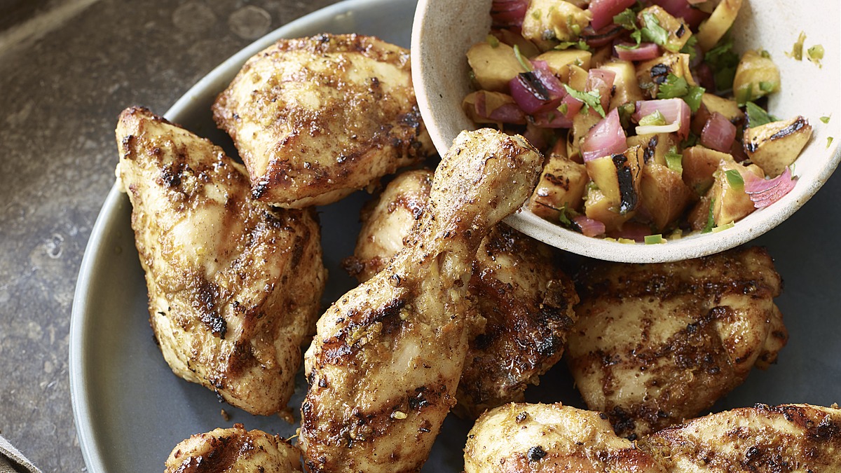 Moroccan-citrus chicken with grilled peach-lime salsa