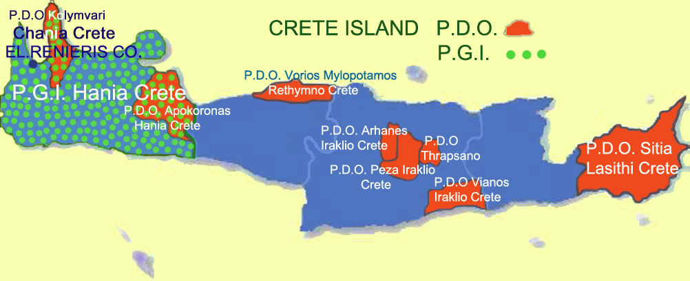 在歐盟PDO名錄中，希臘有22個橄欖油P.D.O.和P.G.I.名稱受到保護，為歐盟所有成員國中最多，其中克里特島就有8個P.D.O.和1個P.G.I.名稱