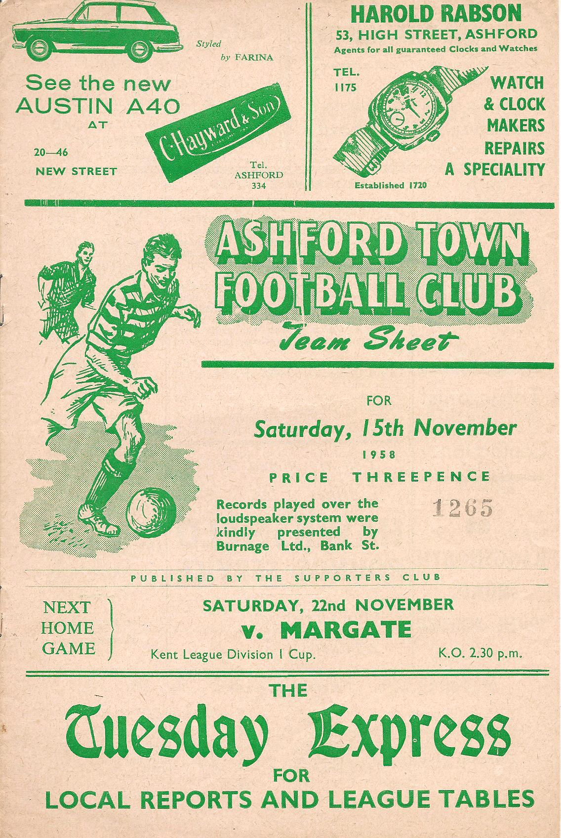 1958/59 Ashford v Crystal Palace