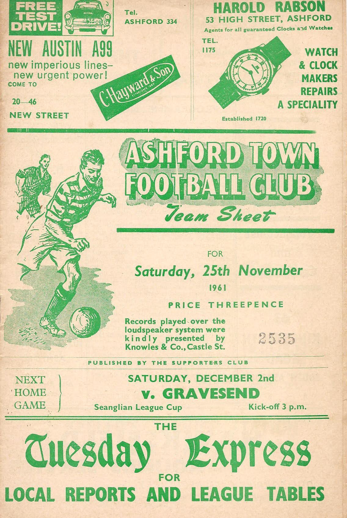 1961/62 Ashford QPR Programme