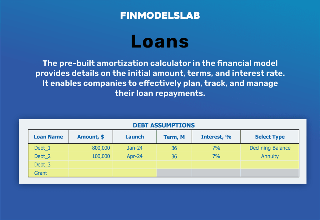 Fish Farm three statement financial model template Debt Inputs